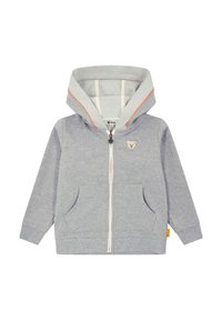 Grauer Kinder-Reißverschluss-Hoodie mit einem Bären-Patch, vorderen Taschen und orangefarbenen Akzenten an der Kapuze. Hergestellt aus weichem, strukturiertem Material.
