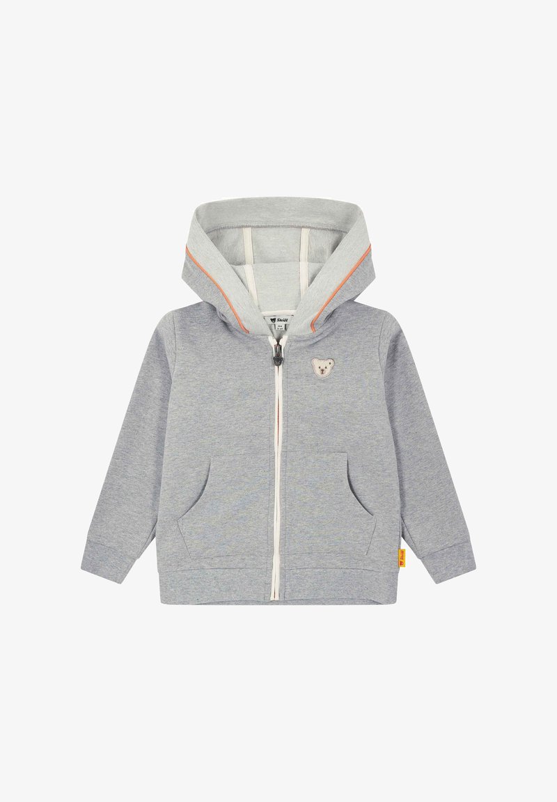 Grauer Kinder-Reißverschluss-Hoodie mit einem Bären-Patch, vorderen Taschen und orangefarbenen Akzenten an der Kapuze. Hergestellt aus weichem, strukturiertem Material.