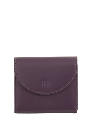Purple leather wallet with a rounded flap closure, embossed logo, smooth texture, and neat stitching around the edges.