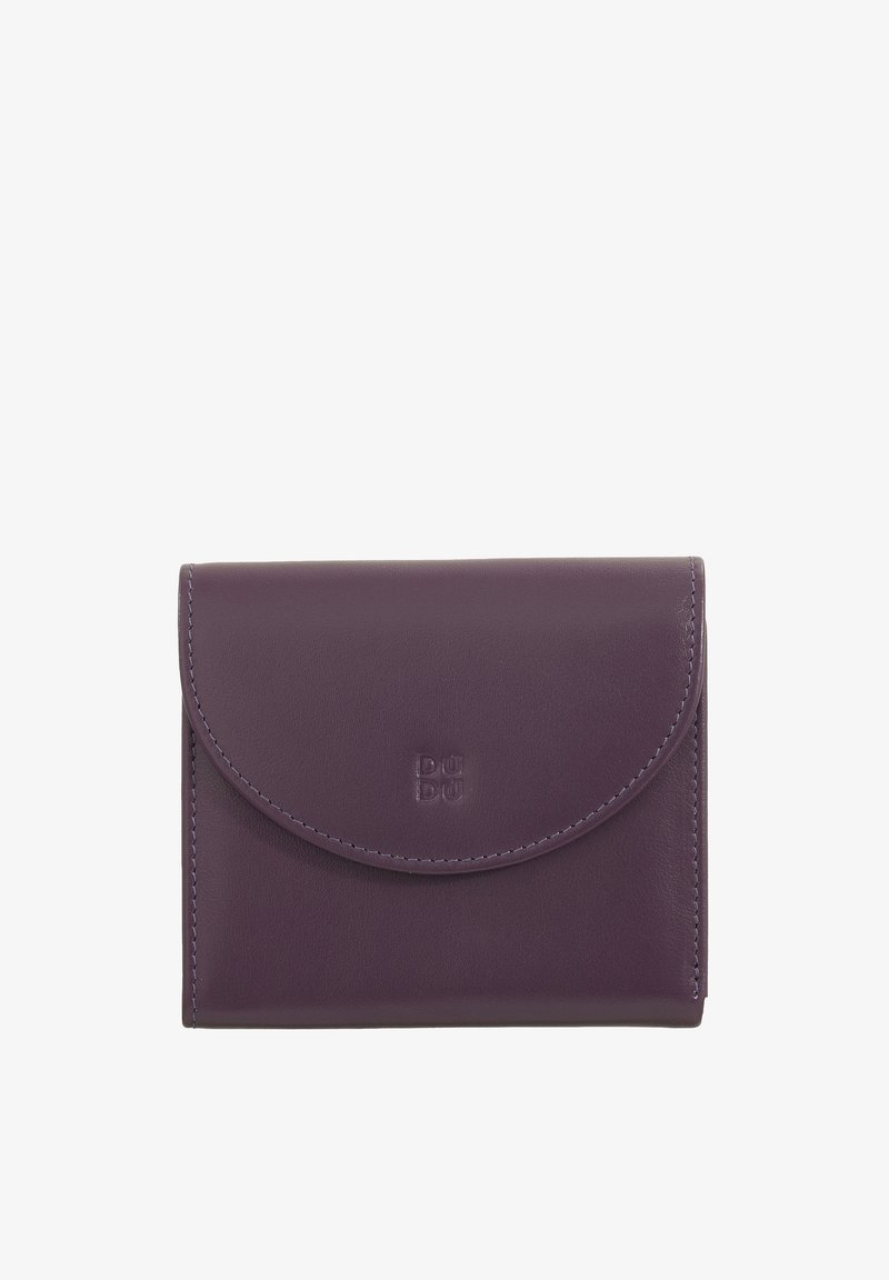 Purple leather wallet with a rounded flap closure, embossed logo, smooth texture, and neat stitching around the edges.