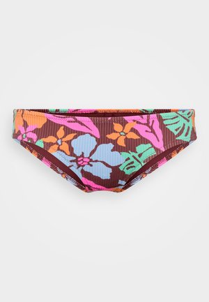 Bikini bund med en ribbet tekstur, der har et farverigt blomsterdesign i pink, orange, turkise og brune nuancer.