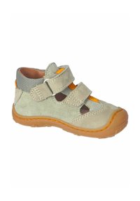 Hellgraue Wildledersandale mit zwei Klettverschlussriemen, orangefarbenen Akzenten, Obermaterial aus Mesh, rundem Zehenbereich und flexibler Gummisohle.