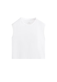 Weißes ärmelloses Crop-Top aus weichem Baumwollmaterial. Hat einen runden Halsausschnitt und ein sauberes, minimalistisches Design mit einer glatten Textur.