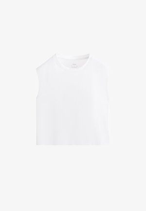 Weißes ärmelloses Crop-Top aus weichem Baumwollmaterial. Hat einen runden Halsausschnitt und ein sauberes, minimalistisches Design mit einer glatten Textur.