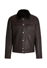 Ciemnobrązowa skórzana kurtka z czarnym kołnierzem z imitacji futra, wyposażona w dwie przednie kieszenie, srebrne okucia i solidne zapięcie na guziki.