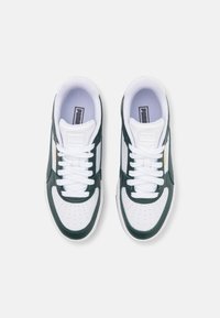 Baskets en cuir vert et blanc avec design à lacets, orteil perforé et accent doré contrastant sur le côté. Texture lisse et profil bas.