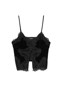 Black velvet and lace cropped camisole with thin shoulder straps and button-down front detail.