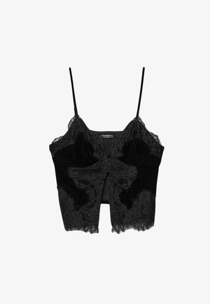 Čierny zamatový a čipkový kratší top s tenkými ramienkami a predným zapínaním na gombíky.