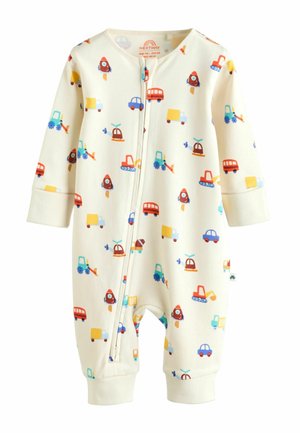 Flødefarvet babybody med lange ærmer, dekoreret med farverige mønstre af biler, lastbiler og raketter. Lynlås foran.