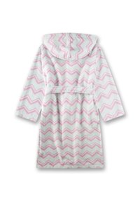 Kapuzenbademantel in Weiß mit rosa Zickzackmustern, weiche Textur, lange Ärmel und einem gebundenen Gürtel in der Taille.