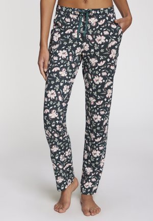 Floral pajama pants in dark green with a pink and white flower print, featuring an elastic waistband with a drawstring and side pockets.