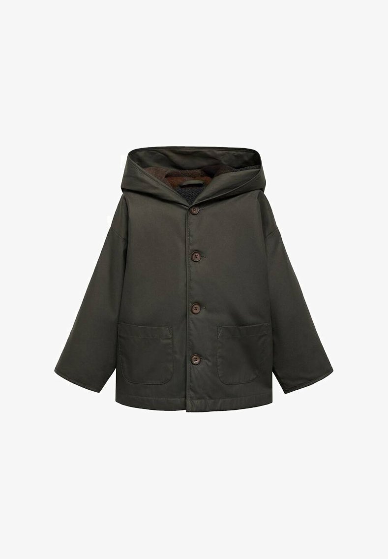 Vihreä hupparitakki, jossa on sileä rakenne, ruskeat napit, kaksi etutaskua ja rento leikkaus.