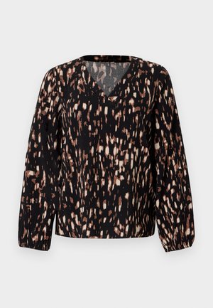 Blusa nera con scollo a V, caratterizzata da un motivo maculato in marrone e crema. Maniche lunghe con polsini elasticizzati e vestibilità ampia.
