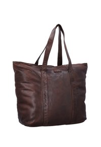 Smeđi kožni totem s dvije čvrste ručke, mekanom teksturom, pravokutnim oblikom i minimalnim detaljima šivanja. Idealno za svakodnevnu upotrebu.