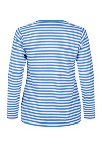 Långärmad skjorta med ljusblå och vita horisontella ränder, rund halsringning och en texturerad, ribbad tyg.