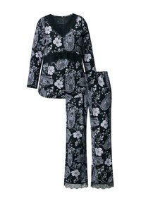 Sort pyjamasæt med hvide blomster- og dyremønstre; langærmet top med V-hals og blondekant, matchende bukser med flagrende ærmer.