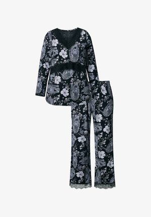 Musta pajamasetti valkoisilla kukka- ja eläinkuvioilla; pitkähihainen paita, jossa on V-pääntie ja pitsireunus, yhteensopivat housut leveillä hihoilla.