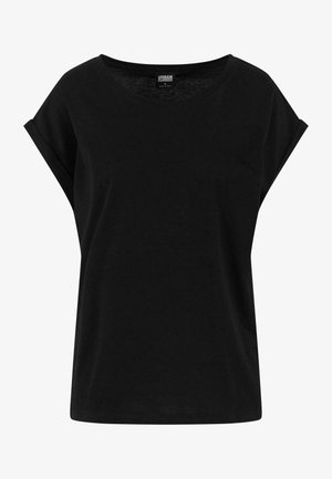 Zwarte T-shirt met korte mouwen, gemaakt van zachte katoen, met een wijd halslijn en een ontspannen pasvorm. Eenvoudig ontwerp zonder patronen of accenten.