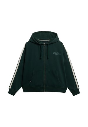 Haut de sweat zippé vert foncé avec des rayures blanches sur les manches, poches avant, capuche avec cordon de serrage et "ATHLETICS" imprimé sur la poitrine gauche.