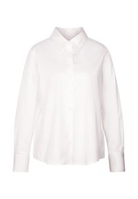 Biała, długa koszula z długim rękawem, wykonana z gładkiego bawełnianego materiału, posiadająca spiczasty kołnierzyk i zapięcie na guziki, o luźnym kroju i prostym wykończeniu.