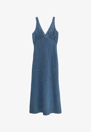 Varrukateta sinine teksakleit sügava V-kaelusega ja keha sööbiva rinnaosaga, mis laiendab veidi alumises servas.