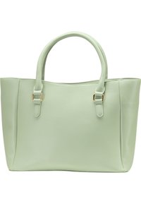 Sac fourre-tout synthétique vert clair avec deux poignées courtes, texture lisse et accents en métal doré. Design simple et structuré.