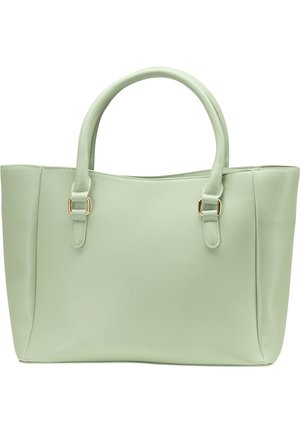 Sac fourre-tout synthétique vert clair avec deux poignées courtes, texture lisse et accents en métal doré. Design simple et structuré.