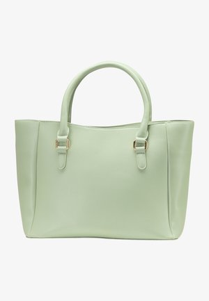 Sac fourre-tout synthétique vert clair avec deux poignées courtes, texture lisse et accents en métal doré. Design simple et structuré.