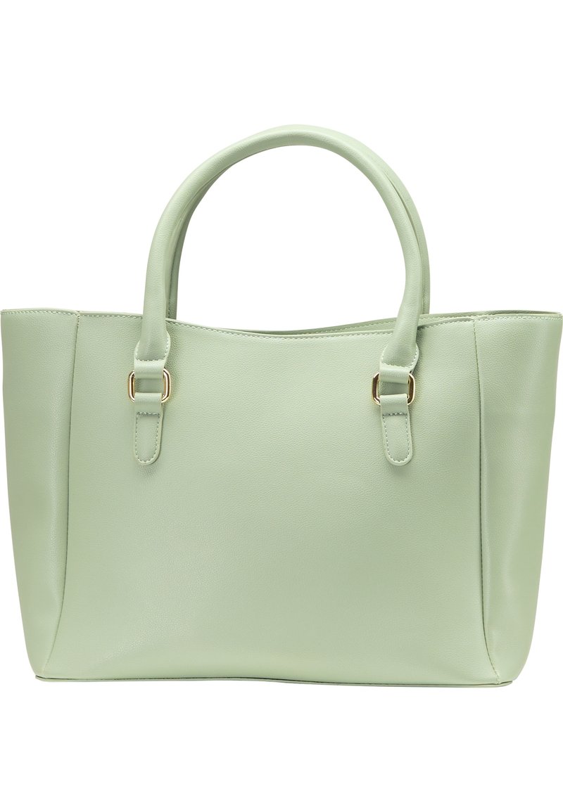 Sac fourre-tout synthétique vert clair avec deux poignées courtes, texture lisse et accents en métal doré. Design simple et structuré.