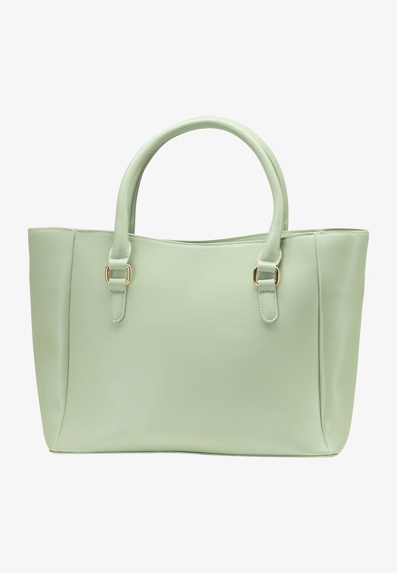 Borsa a tracolla sintetica verde chiaro con due manici corti, texture liscia e accentuazioni in metallo color oro. Design semplice e strutturato.
