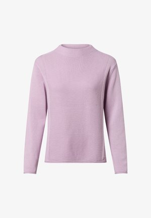 Jasnofioletowy sweter z długim rękawem, okrągłym dekoltem, teksturowanym wzorem dzianiny i prostym dołem. Prosty design bez widocznych akcentów.