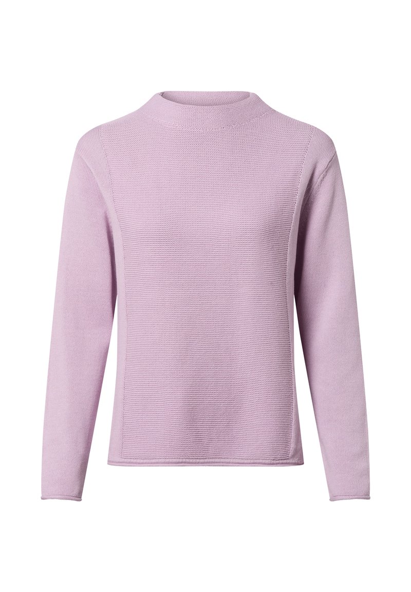 Helllila Langarmpullover mit rundem Ausschnitt, strukturiertem Strickmuster und geradem Saum. Einfaches Design ohne sichtbare Akzente.