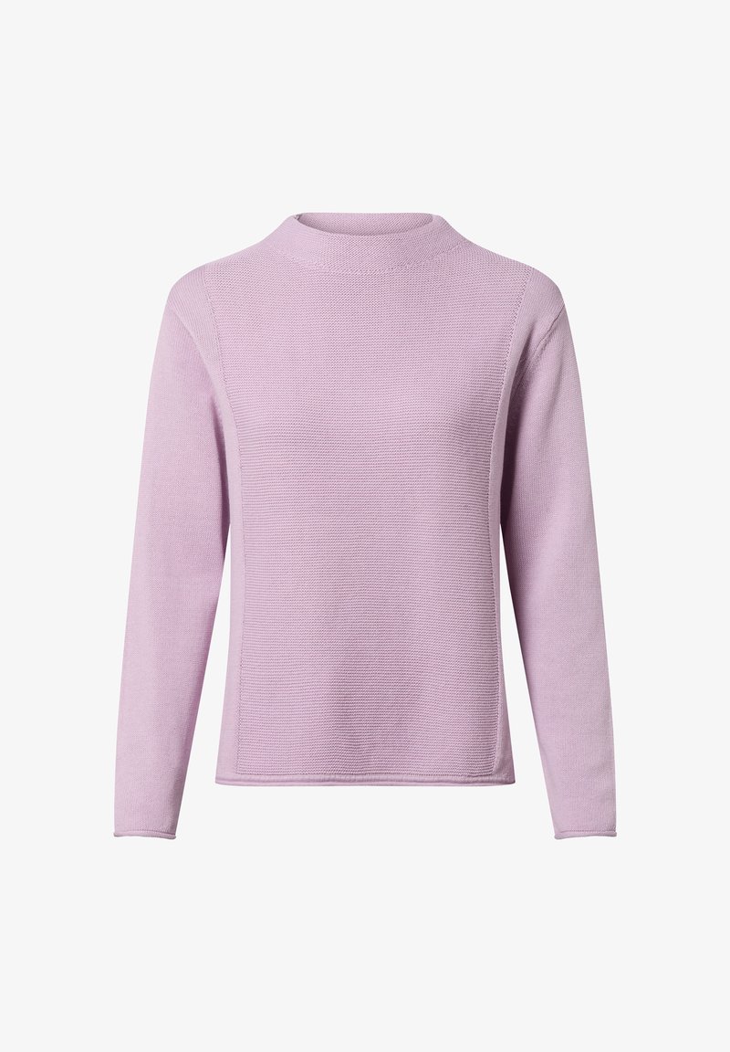 Helllila Langarmpullover mit rundem Ausschnitt, strukturiertem Strickmuster und geradem Saum. Einfaches Design ohne sichtbare Akzente.