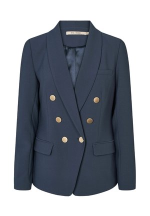 Tengerészkék kétsoros blézer hat arany gombbal, bevágott gallérral, két első zsebfedéllel és egy mellzsebbel.