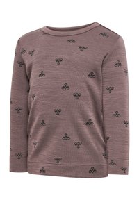 Długi rękaw w kolorze mauve top z drobnymi czarnymi wzorami w kształcie pszczół równomiernie nadrukowanymi na tkaninie oraz okrągłym dekoltem.