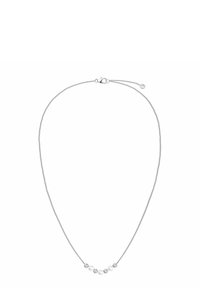 Srebrny naszyjnik z łańcuszka z serią okrągłych, przezroczystych kamieni, przeplatanych małymi, gładkimi perłami, zamykany na zapięcie typu lobster.