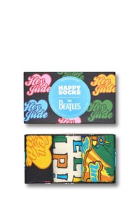 Coffret cadeau contenant trois paires de chaussettes colorées avec des motifs inspirés des Beatles, présentant divers motifs et textures.