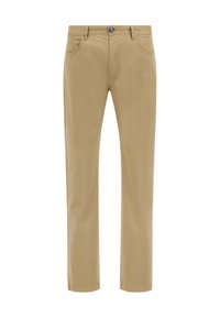 Chinos caqui con una textura suave, corte recto, cinco bolsillos y un cierre de botón azul en la cintura. Diseño casual clásico.