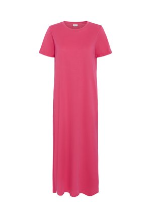 Pink cotton maxi dress with short sleeves, round neck, and a flowing silhouette. Smooth texture with no visible patterns or embellishments.