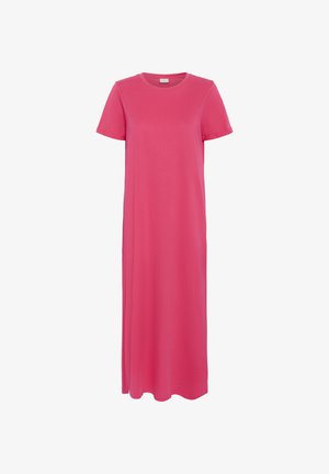 Rózsaszín pamut maxi ruha rövid ujjal, kerek nyakkivágással és lágy vonalvezetéssel. Simább textúra, látható minták vagy díszítések nélkül.