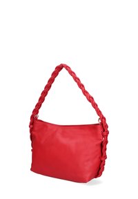 Borsa a spalla in pelle rossa con manico intrecciato, esterno morbido e forma semplice. Presenta una chiusura con zip per maggiore sicurezza.