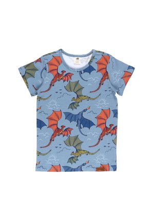 Children's short-sleeve blue t-shirt with colorful flying dragons and cloud patterns, featuring red, green, and blue dragon designs.