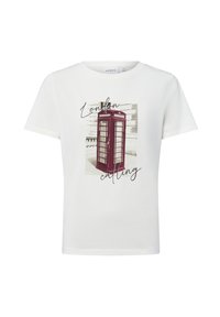 White T-shirt featuring a printed graphic of a red London phone booth, with "London calling" text in a script font below the image.