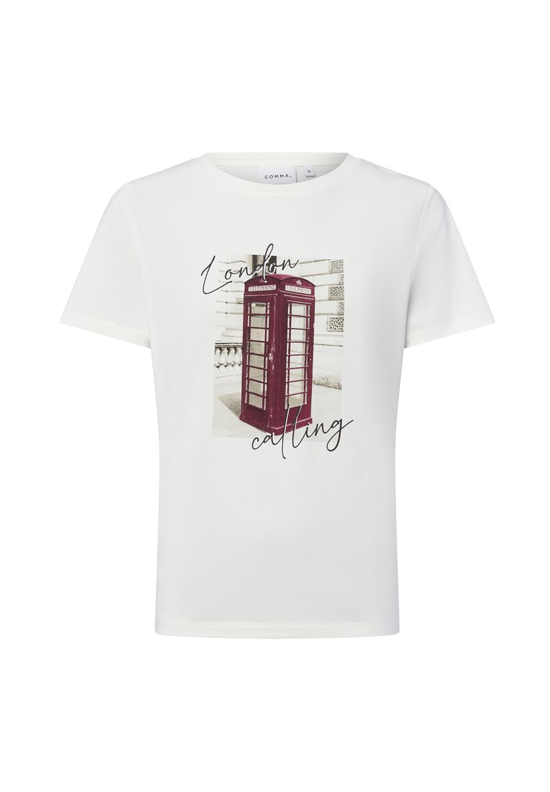 White T-shirt featuring a printed graphic of a red London phone booth, with "London calling" text in a script font below the image.