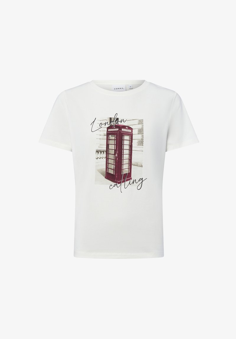 White T-shirt featuring a printed graphic of a red London phone booth, with "London calling" text in a script font below the image.