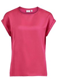 Blusa rosa a maniche corte realizzata in tessuto liscio, con scollatura tonda e maniche arrotolate. Vestibilità ampia senza ulteriori dettagli.