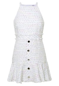 Bílé šaty s vícebarevným tkaným vzorem, s těsným vrškem, volánkovým lemem a stříbrnými knoflíky vedoucími dolů po přední straně.