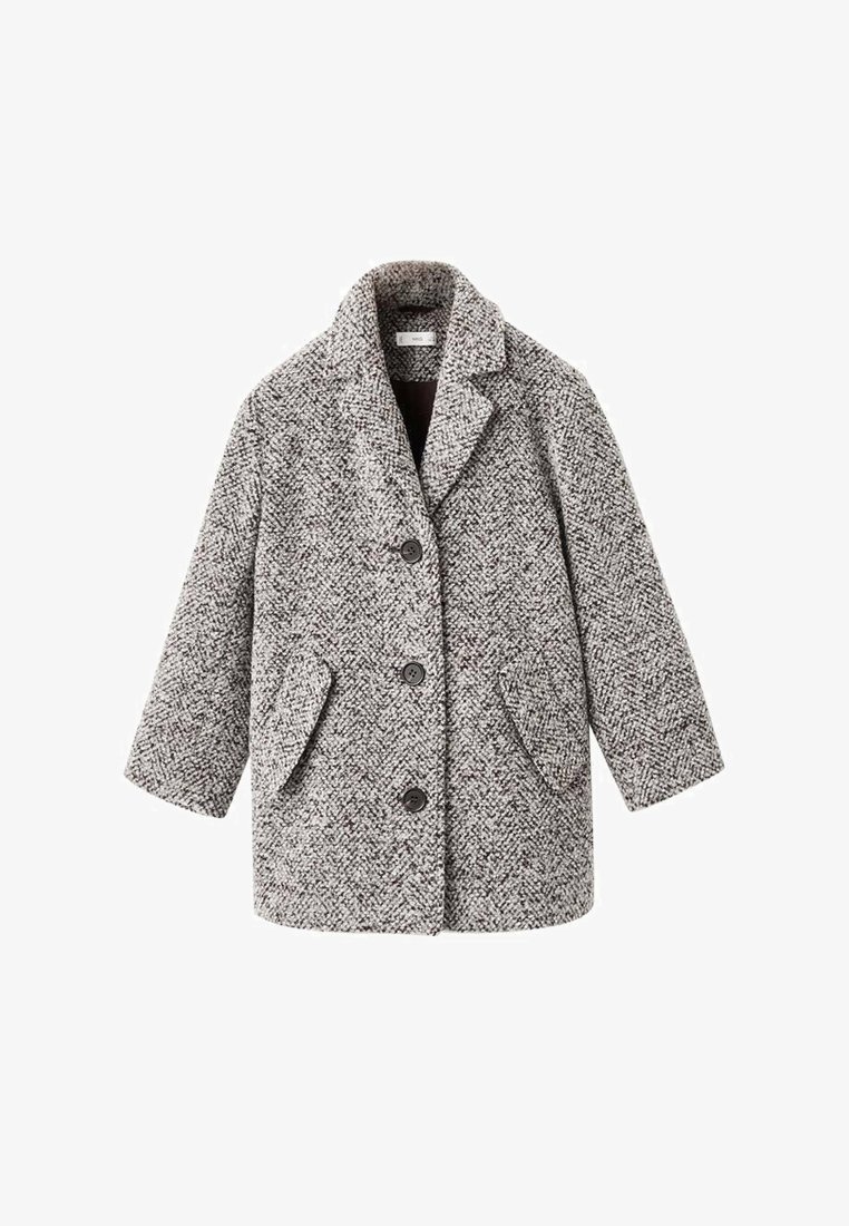 Sivino in belo herringbone plašč iz volnene mešanice s tremi črnimi gumbi, ovratnikom z zarezami in dvema sprednjima žepoma z rahlim poklopcem.