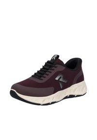 Sportlicher Schuh aus dunklem burgunderfarbenem Mesh mit schwarzen Akzenten. Verfügt über eine strukturierte Sohle, runde Zehenform und ein reflektierendes Logo an der Seite. Mit Schnürverschluss.