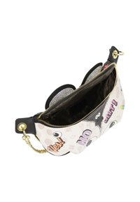 Piccola borsa a tracolla in finta pelle bianca stampata, con dettagli neri e hardware dorati; chiusura con zip con orecchie rotonde e testo colorato.